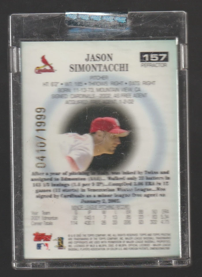 2002 Topps Pristine Refractors #157 Jason Simontacchi #'d/1999 - Encased🔥⚾🔥 - Image 2 of 2