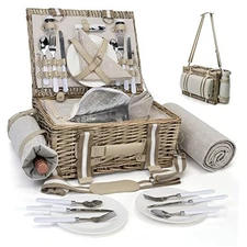 31Pcs Picnic Basket Set for 4 with Insulated Liner and Waterproof Grey for 4