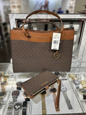 Michael Kors MK Signature Large Brown Tote Bag Handbag Purse +