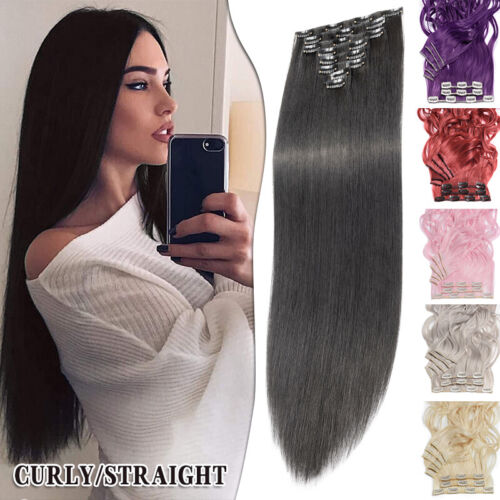 8 Pieces Clip in Real as Human Hair Extensions Full Head Long Straight Curly US - Picture 1 of 21