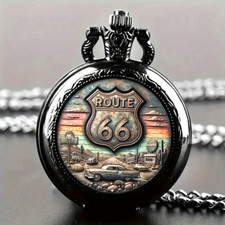 Vintage Route 66 Pocket Watch Stainless Steel Quartz Movement Men Boys Gift