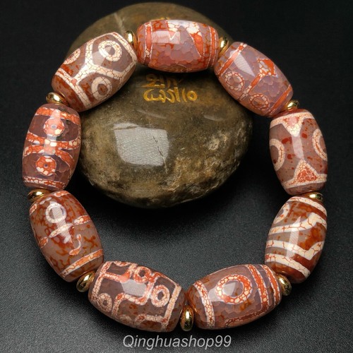 0,8 Zoll alte Tibet Buddhismus Achat geschnitzte Dzi Perlen Hand Kette Armbänder - Bild 4 von 9
