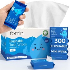 Mini Flushable Tush Wipes 30 Pack 10 Count - Fragrance Free Travel Wet Wipe...