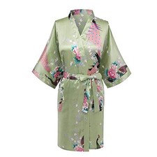 Womens Short Kimono Robes Bride and Bridesmaid Satin Floral Bathrobe Peacock ...