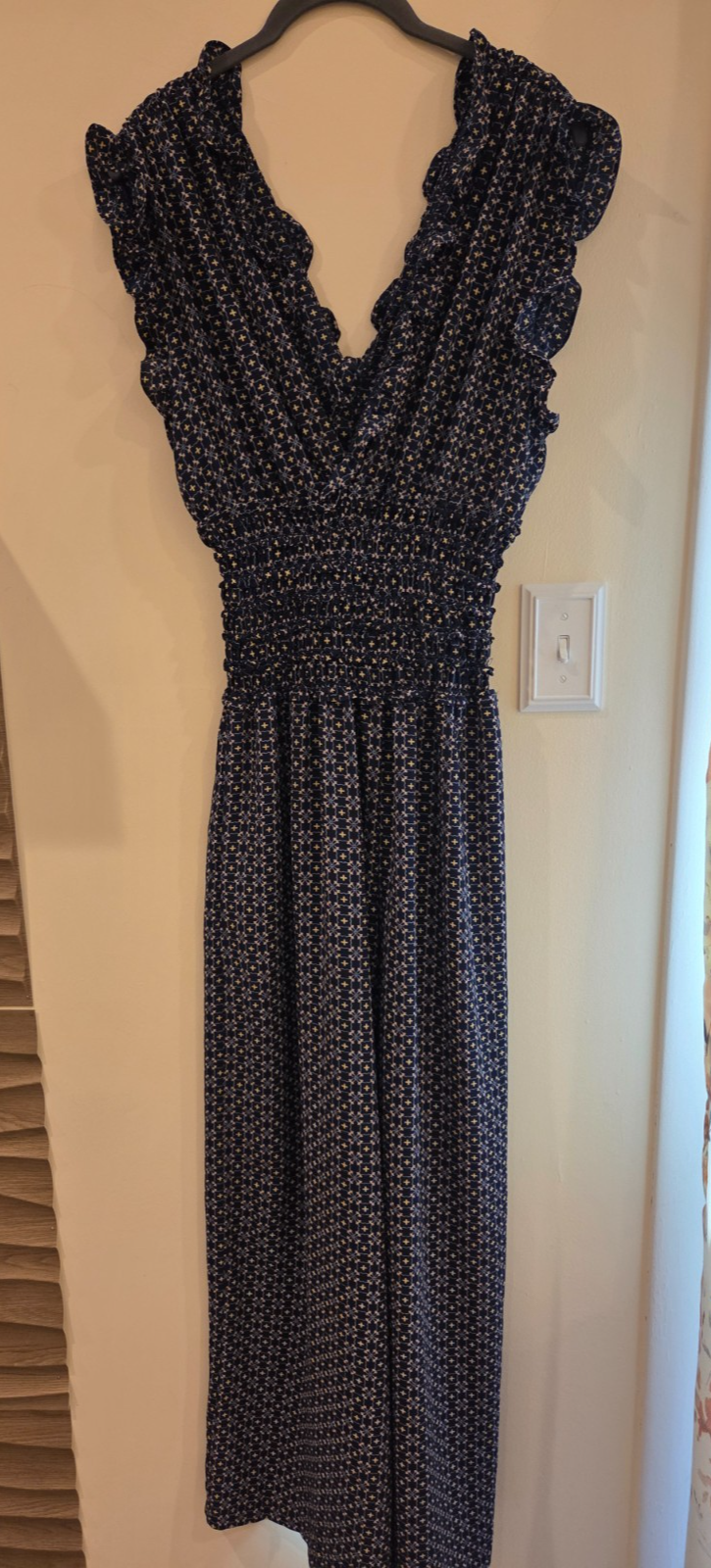Max Studio Smocked Wide-Leg Jumpsuit – Navy Floral – Size Large – NWOT