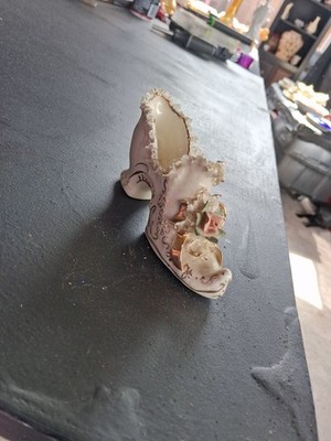 Vintage Porcelain Victorian-Style Shoe Figurine with Applied Rose and Gold...