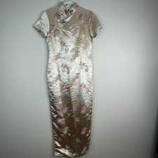 Vintage Asian Cheongsam Dress 34 Medium Champagne Floral Mandarin Qipao Tiki