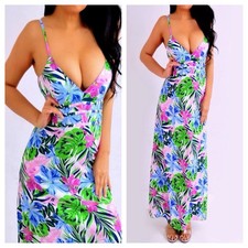 Blue Green Pink Floral Empire Long Maxi Dress S Small NEW