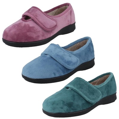 Damen DB Schuhe Freizeit Klett variable Passform breite Velours Hausschuhe Brunnen
