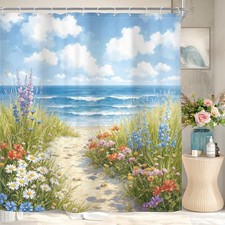 Beach Shower Curtain Ocean Spring Coastal Beachy Blue Sea Floral Flower Natur...