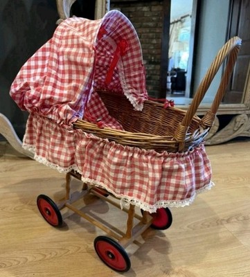 Antique Wicker Baby Doll Bassinet Buggy Carriage Stroller Red