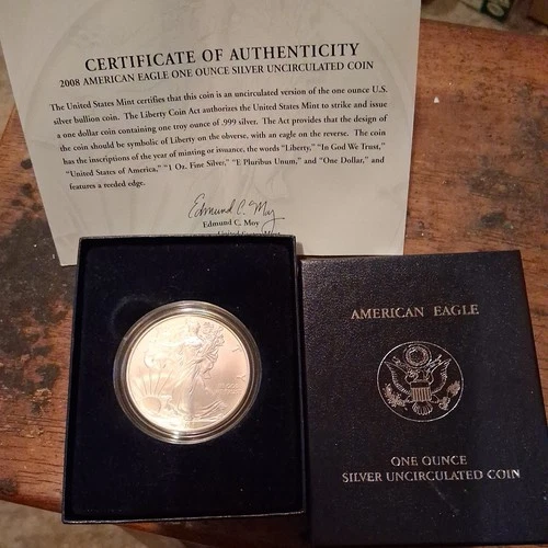 2008-W AMERICAN EAGLE 1-OZ .999 SILVER UNCIRCULATED COIN COA & OGP