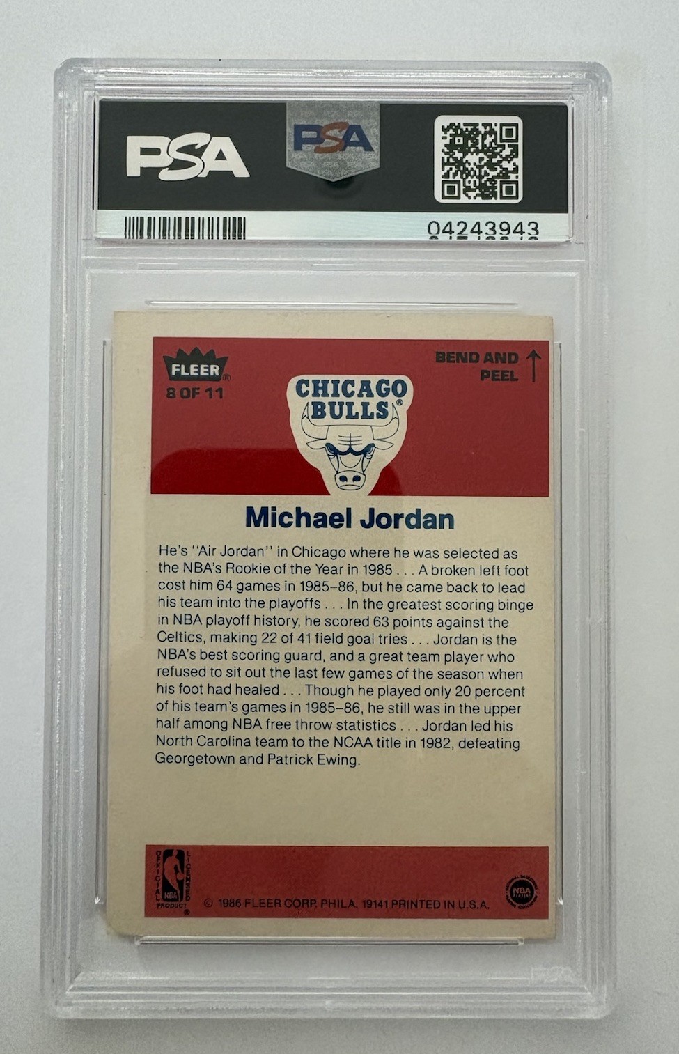 1986 Fleer Sticker Michael Jordan #8 Rookie RC PSA 8 (OC) view 2