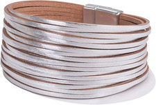 Boho Leather Wrap Bracelet Stackable Layered Bangle Cuff with Magnetic Clasp