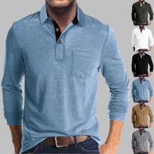 Men Polo Shirts Long Sleeve Casual Grandad Collar Regular Fit Work T Shirt Tops