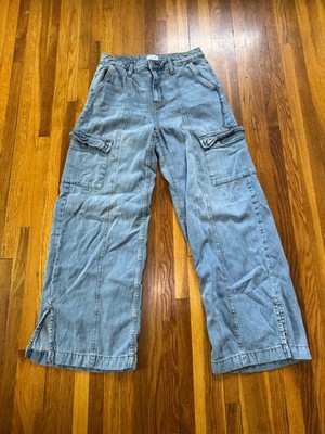 Time & Tru Womens Wide Leg Cargo Jeans Size 4 Light Wash Cotton Denim High Rise