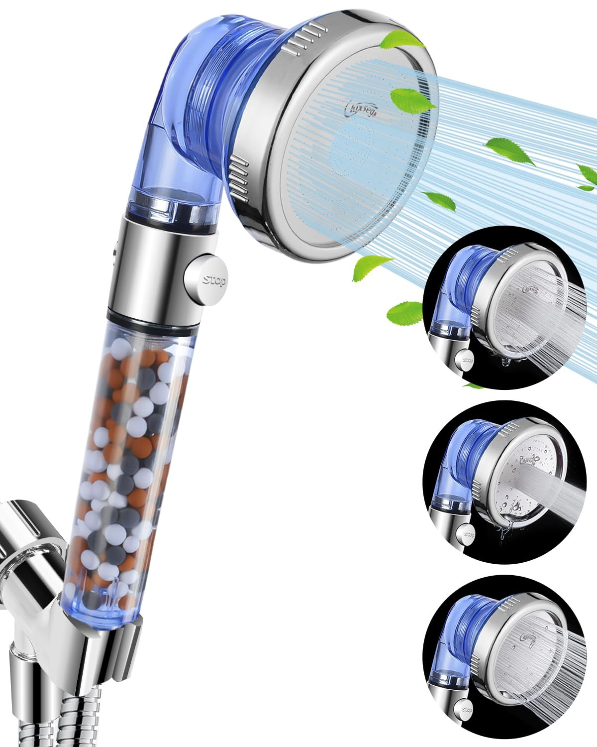 High Pressure 4-Mode Filtered Shower Head for Hard Water with Stop