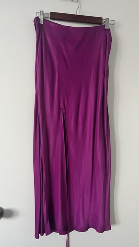 Anthropology satin maxi long skirt side slit pink fuscia belted size M - Picture 2 of 7