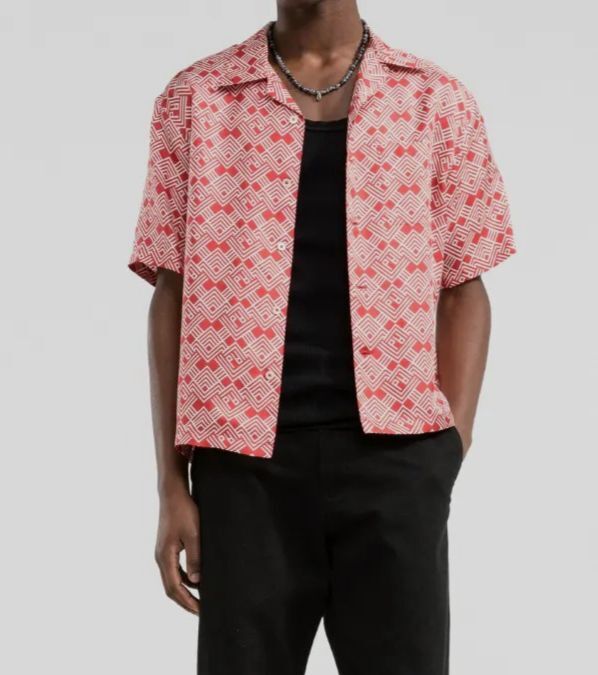 $850 Palm Angels Men Red Monogram Short-Sleeve Silk Bowling