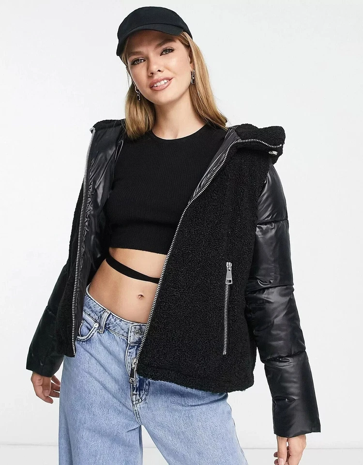 Nuevo $300. Chaqueta acolchada combo sherpa imitación calvin klein cw102759 x-Large negra