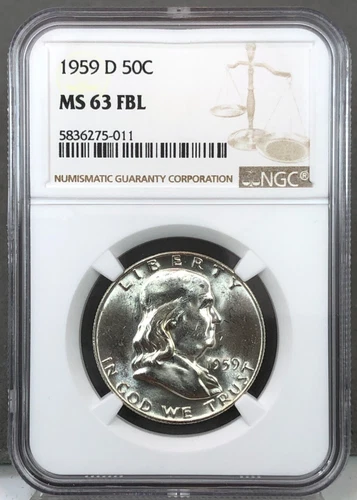 1959-D U.S. 50c Franklin Half Dollar Silver Coin NGC MS63 FBL