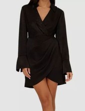 Adrianna Papell Women's Black Satin Faux-Wrap Long Slit Sleeves Dress Size 4
