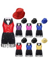 Kids Girls Sleeveless Sequins Tassel Latin Jazz Salsa Modern Dance Dress Hat Set
