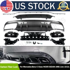 C63 Style Rear Diffuser+Exhaust For Mercedes W205 Sedan C300 C43 C63 Carbon Look