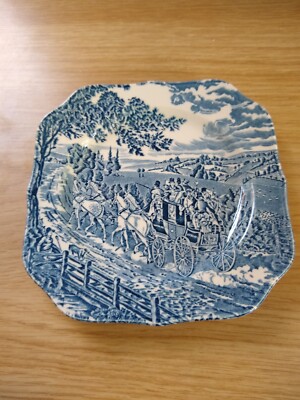Vintage Johnson brothers Stagecoach blue square plate. Excellent