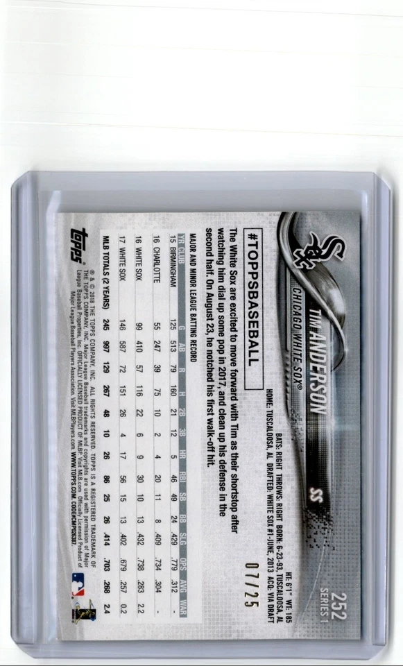 2018 Topps Memorial Day Camo Jersey # Tim Anderson 07/25 White Sox #252 - Image 2 of 2