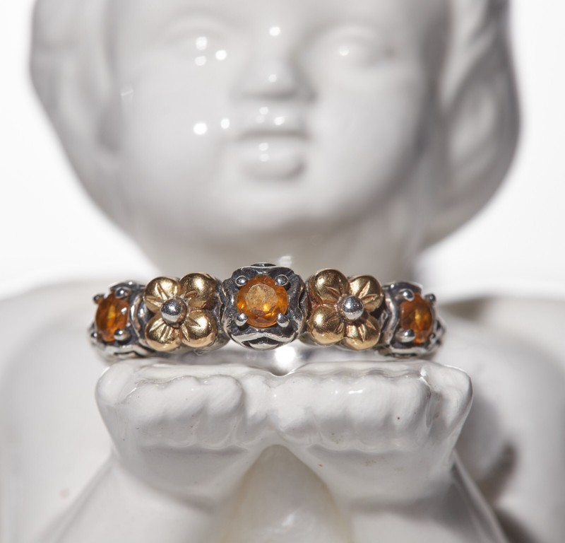 BARBARA BIXBY Sterling Silver & 18K Gold Citrine Gemstone Floral Band Ring!