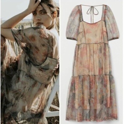H&M Floral Puff Sleeve Organza Midi Dress Blogger Favorite Size S