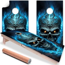 Blue Flaming Skull Gothic Art Cornhole Board Wraps and Decals Vinyl Sticker