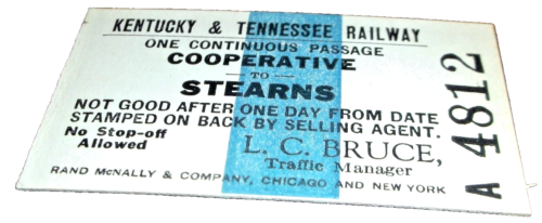 KENTUCKY & TENNESSEE RAILWAY TICKET COOPERATIVE TO STEARNS - Picture 1 of 1