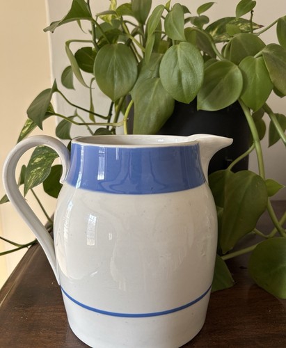 Vintage Ceramic Blue Striped White Farmhouse Jug Pitcher W/ Handle Cottage Style