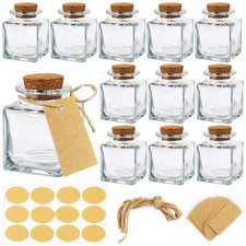12 Pack Square Small Glass Bottles with Lids, 1.7OZ Mini Glass Jars with Cork...