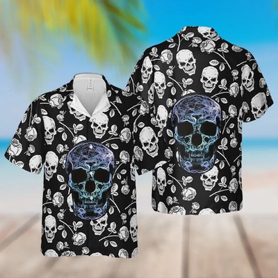 Silver Skull Hawaiian Shirt Tropical Beach Aloha Summer