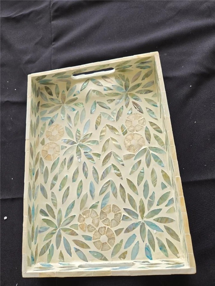 == Tozai Home 3 PC Decorative Serving Tray Set Inlay Aqua Jewel Tones Handmade - Image 3 of 4
