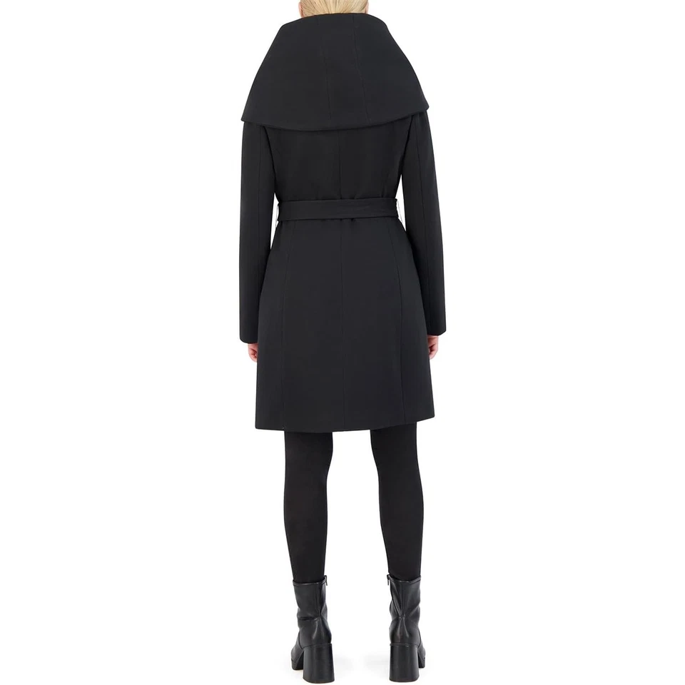 Abrigo de sarga con capucha Cole Haan para mujer 4 negro con cinturón y cremallera frontal HR3-19 Foto 2 de 4