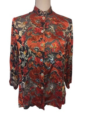 CITRON Santa Monica Silk Dragon Top Foo Dog Print Satin Button Up Small 