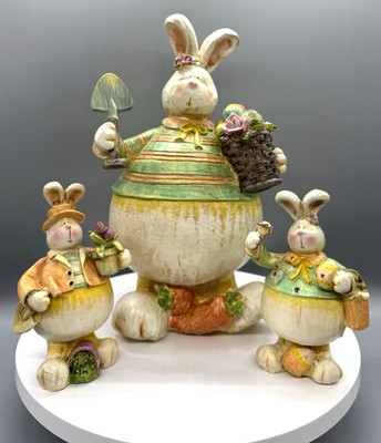 Vintage Easter Bunny Family Figurines Set of 3 Chubby Resin Rabbit Garden Decor
