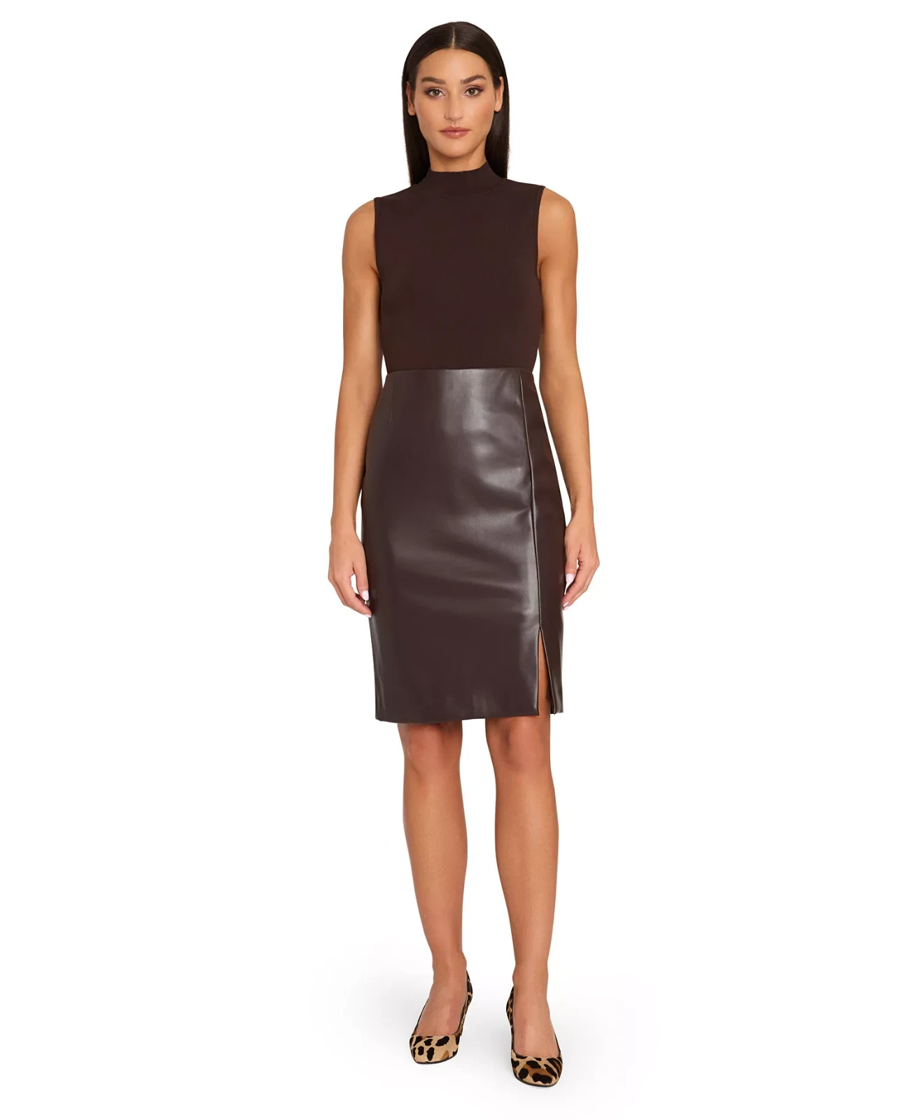 Tahari ASL Women's Faux-Leather Slit-Front Pencil Skirt Brown Size 10 MSRP $79