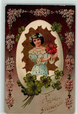 39190889 - Easter Greetings Girlande mit Veilchen, Maedchen im Osterei,