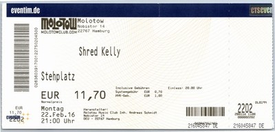 Shred Kelly Ticket 2016 Tour - Hamburg Molotow - Konzert Karte
