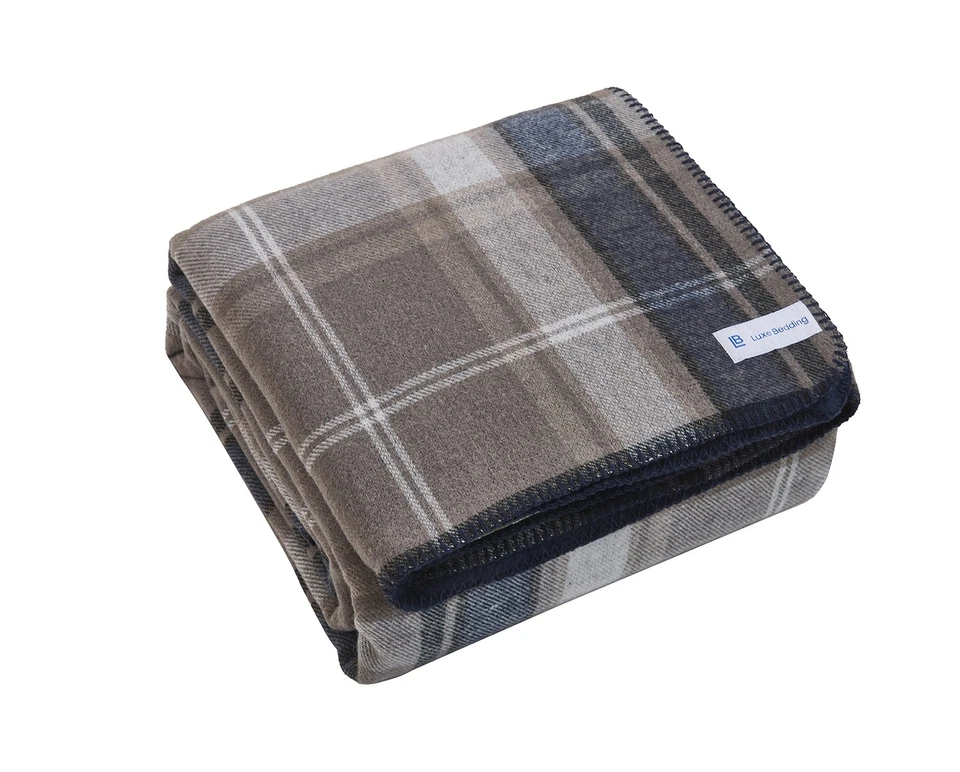 Luxe Bedding Premium Australian Wool Reversible Blanket-Navy Plaid