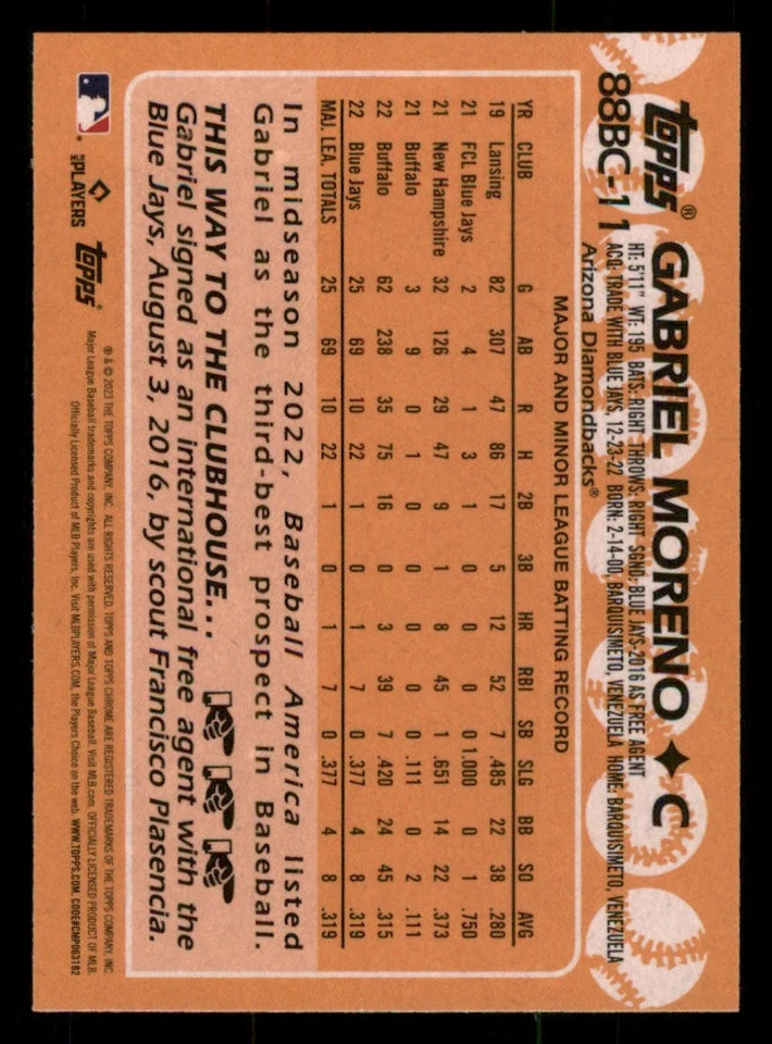 2023 Topps Chrome '88 Topps #88BC11 Gabriel Moreno - Image 2 of 2