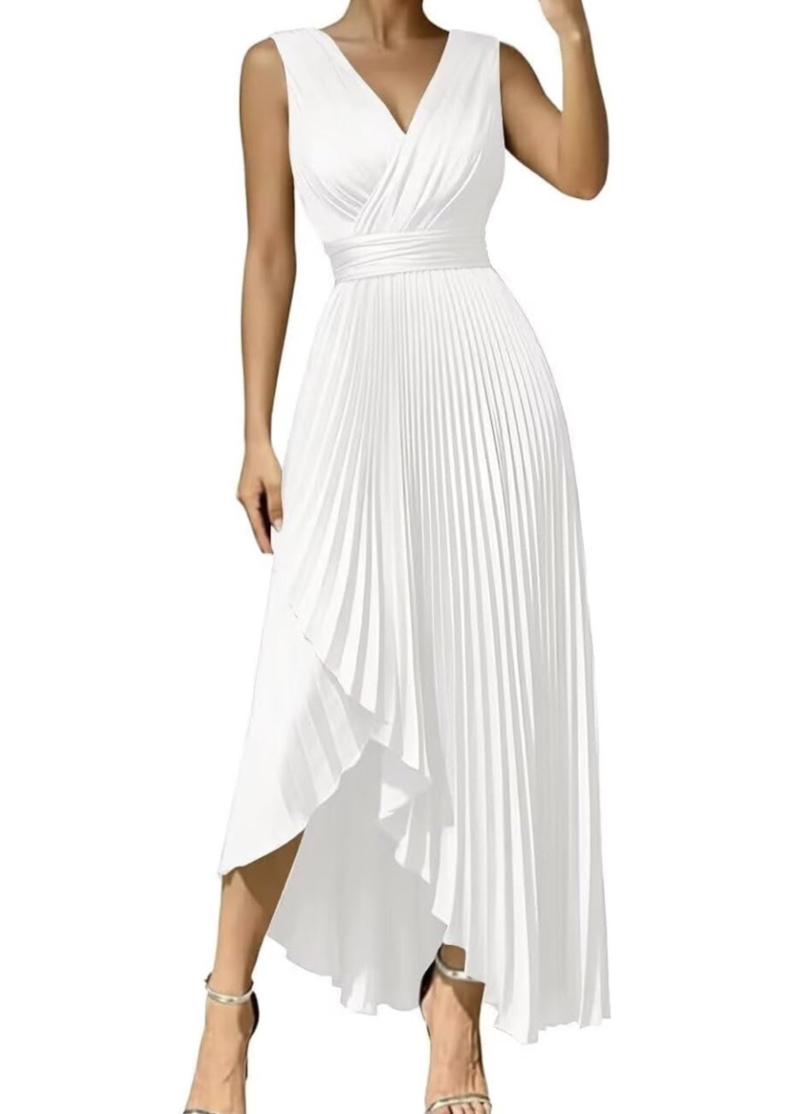 White Pleated Satin Hi-Low Dress Sleeveless V-Neck Formal Size 0 Women’s