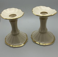 Pair Of Vintage Lenox Symphony Candlestick Holders Ivory w/24K Gold Trim 4 1/2"