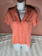 Womens Maeve Eyelet Coral Peach Guayabera Blouse Top Anthropologie Size 4