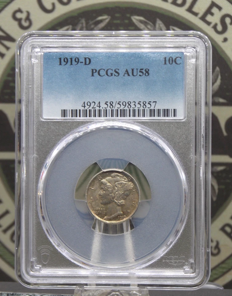 Moneda de diez centavos Mercury 1919 "D" plata 10c graduación profesional AU58 #857 sobre sin circular ECC&C, Inc. Foto 3 de 4